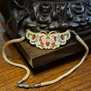 Vintage Cloisonne Butterfly Pendant Necklace Braided Cord 14"
